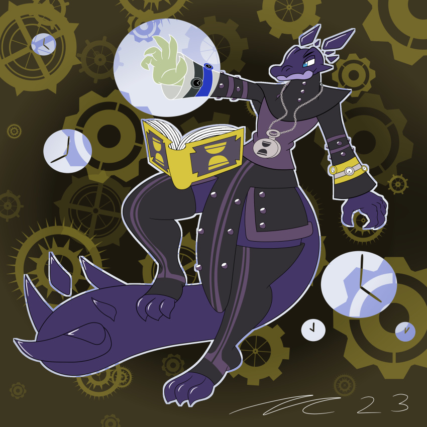 absurd_res anthro blue_eyes book clock clothing cog dragon floating_horn footwear hi_res horn mac_daddy magic magic_user male mouth_closed purple_body purple_skin stopwatch toeless_footwear watch