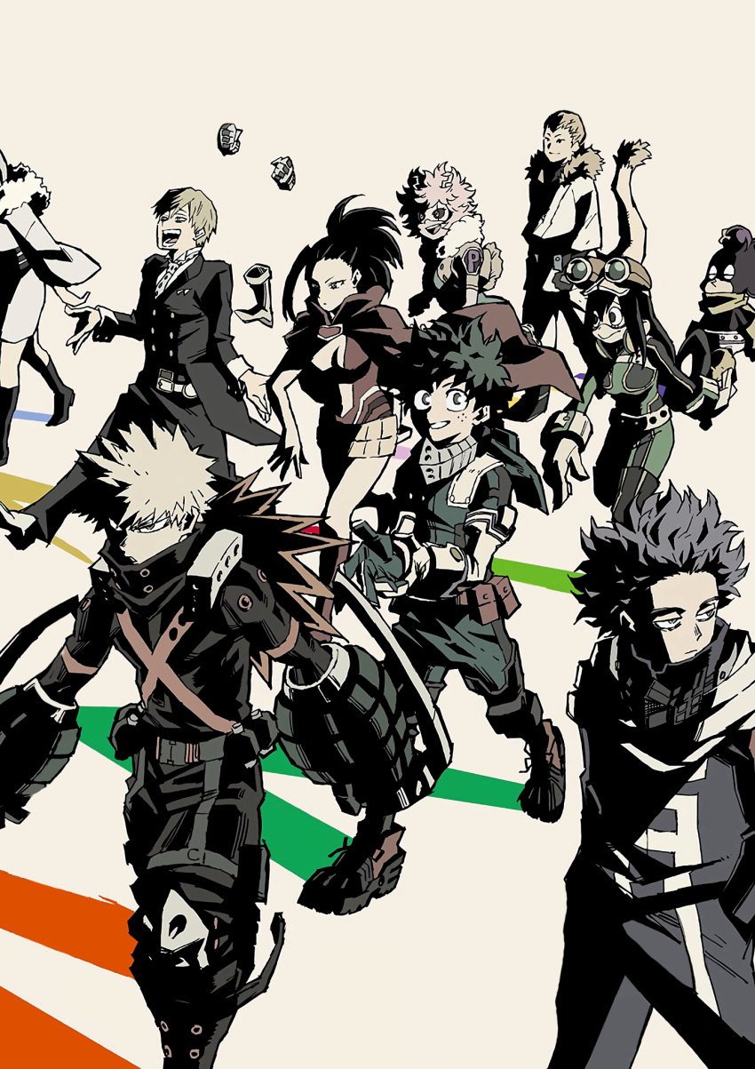 5girls 6+boys :&gt; :o alternate_hair_color ashido_mina asui_tsuyu baggy_pants bags_under_eyes bakugou_katsuki belt belt_buckle belt_pouch black_belt black_eyes black_footwear black_hair black_jacket black_pants black_sclera blonde_hair bodysuit boku_no_hero_academia boots breasts bright_pupils buckle buttons cape cel_shading center_opening closed_eyes closed_mouth colored_sclera colored_shadow colored_skin combat_boots commentary cropped_vest detexted double-breasted dougi explosive floating_cape floating_hair freckles fur-tipped_tail fur-trimmed_vest gloves goggles goggles_on_head green_bodysuit green_eyes green_gloves green_hair grenade grey_background grey_gloves grey_scarf hagakure_tooru hair_between_eyes hair_pulled_back hair_rings hair_slicked_back hair_strand hands_in_pockets hands_up headgear high_collar high_contrast high_ponytail highres holding_own_wrist invisible jacket japanese_clothes jumping key_visual kimono knee_boots knee_pads lapels leotard long_hair long_scarf long_sleeves looking_at_another looking_at_viewer looking_to_the_side low-tied_long_hair mask mask_around_neck medium_breasts messy_hair midoriya_izuku mineta_minoru monoma_neito multiple_belts multiple_boys multiple_girls muted_color no_pupils official_art ojiro_mashirao open_clothes open_mouth open_vest pac-man_eyes pants petite pink_hair pink_skin polka_dot_necktie popped_collar pouch promotional_art purple_eyes purple_hair red_belt red_cape red_footwear red_leotard sanpaku scarf shadow shawl_lapels shinsou_hitoshi short_hair sidelighting sidelocks sideways_glance sideways_mouth simple_background single_horizontal_stripe sleeve_cuffs smile snap-fit_buckle spiked_hair tail thigh_pouch third-party_edit third-party_source track_pants track_suit turning_head u.a._gym_uniform unitard vest walking white_belt white_kimono white_mask white_pants white_pupils x yanagi_reiko yaoyorozu_momo yellow_cape yellow_eyes yellow_footwear yellow_gloves yellow_horns yellow_vest