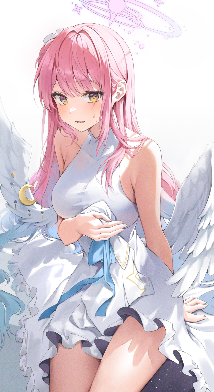 1girl absurdres angel_wings armpit_crease bare_arms bare_shoulders blue_archive blush breasts capelet_removed collarbone commentary cowboy_shot dress feathered_wings frilled_dress frills hair_bun halo highres large_breasts long_hair mika_(blue_archive) open_mouth pink_hair pink_halo simple_background single_side_bun sitting sleeveless sleeveless_dress solcha solo sweatdrop thighs white_background white_dress white_wings wings yellow_eyes