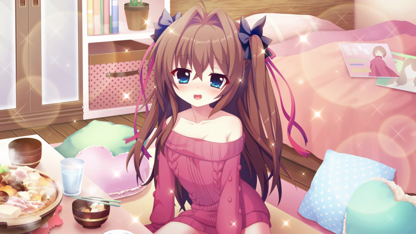 1girl ahoge bare_shoulders bed bedroom black_bow blue_eyes blush book bow bowl breasts brown_hair chopsticks cleavage collarbone cup dot_nose film_grain food game_cg hair_bow hair_intakes heart heart_pillow indoors izumi_tsubasu lens_flare long_sleeves looking_at_viewer magazine_(object) medium_breasts non-web_source off-shoulder_sweater off_shoulder official_art open_mouth pillow pink_sweater plant polka_dot potted_plant re:stage! shikimiya_aone sitting smile solo sparkle steam sukiyaki sweater two_side_up wooden_floor yokozuwari