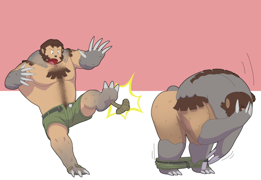 awarebear beard bottomwear brown_body brown_fur brown_hair claw_growth claws clothed clothing facial_hair footwear fur fur_growth fur_pattern generation_8_pokemon grey_body grey_fur growth hair hand_on_head humanoid male motion_lines muscle_growth nintendo nude open_bottomwear open_clothing open_shorts overweight overweight_male pokemon pokemon_(species) pokemon_professor professor_birch sandals shoe_burst shorts simple_background solo taking_off_pants tight_bottomwear tight_clothing tight_shorts transformation transformation_sequence undressing ursaluna