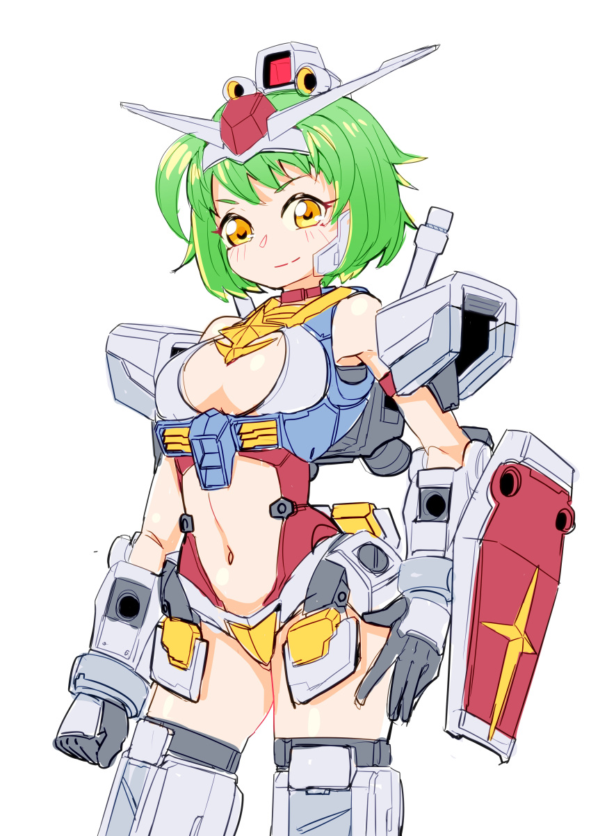 1girl 30_minutes_sisters absurdres ag_00000 arm_shield bandai blush boots breasts clothing_cutout company_connection gloves green_hair grey_gloves gundam highres humanization mecha_musume medium_breasts midriff mobile_suit_gundam navel orange_eyes rx-78-2 short_hair smile solo stomach_cutout thigh_boots thrusters v-fin