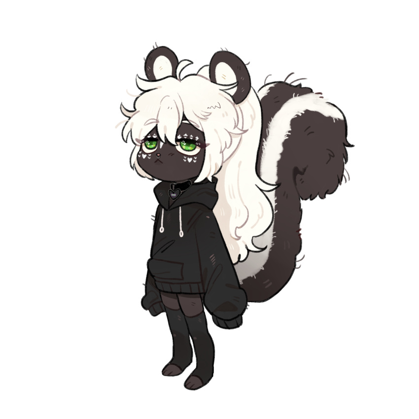 anthro baggy_hoodie clothing collar cottonart facial_piercing fluffy fluffy_tail green_eyes hair hi_res hoodie legwear mae_peppermint male mammal markings mephitid nose_piercing nose_ring piercing ponytail ring_piercing round_ears short skunk solo striped_markings stripes tail tamagotchi thigh_highs topwear white_hair