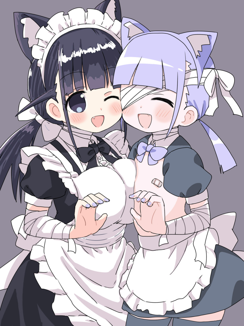 2girls apron asymmetrical_docking bandage_over_one_eye bandaged_arm bandages bandaid bandaids_on_nipples black_eyes black_hair blunt_bangs borrowed_character bow breast_press breasts commentary_request fang flat_chest hair_bow highres large_breasts maid maid_apron maid_headdress multiple_girls naitou_kouse original pasties puffy_short_sleeves puffy_sleeves purple_hair purple_nails rokuro-chan short_sleeves thighhighs twintails waist_apron