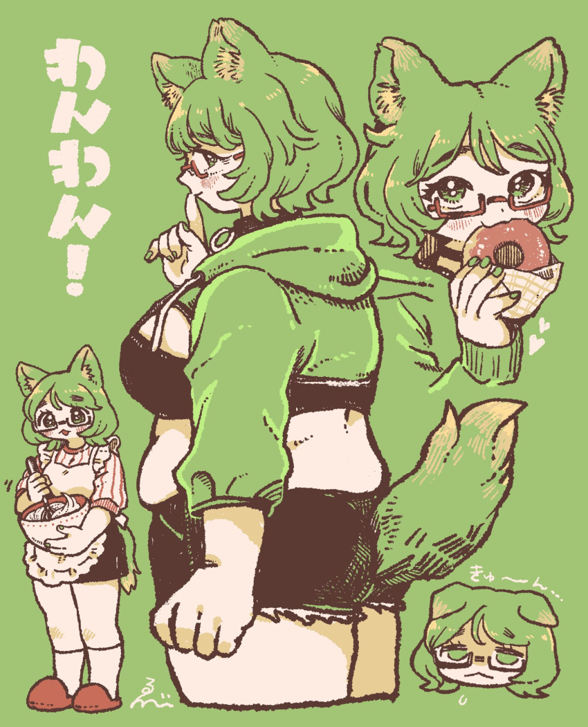 1girl animal_ear_fluff animal_ears breasts commentary_request commission cropped_hoodie dog_girl doughnut drawstring eating ebiebi food full_body green_background green_eyes green_hair green_nails green_theme highres hood hoodie indie_virtual_youtuber kneehighs large_breasts long_sleeves looking_at_viewer looking_to_the_side medium_hair midriff mint_castella multiple_views open_mouth plump red-framed_eyewear semi-rimless_eyewear simple_background skeb_commission socks standing tail thick_thighs thighs translation_request under-rim_eyewear virtual_youtuber