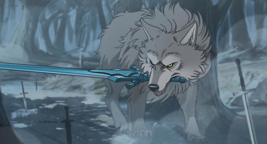 2022 ahriman_(artist) ambiguous_gender canid canine canis dark_souls feral forest fromsoftware fur great_grey_wolf_sif grey_body grey_fur hi_res mammal melee_weapon outside plant quadruped solo sword sword_in_mouth tree weapon wolf yellow_eyes