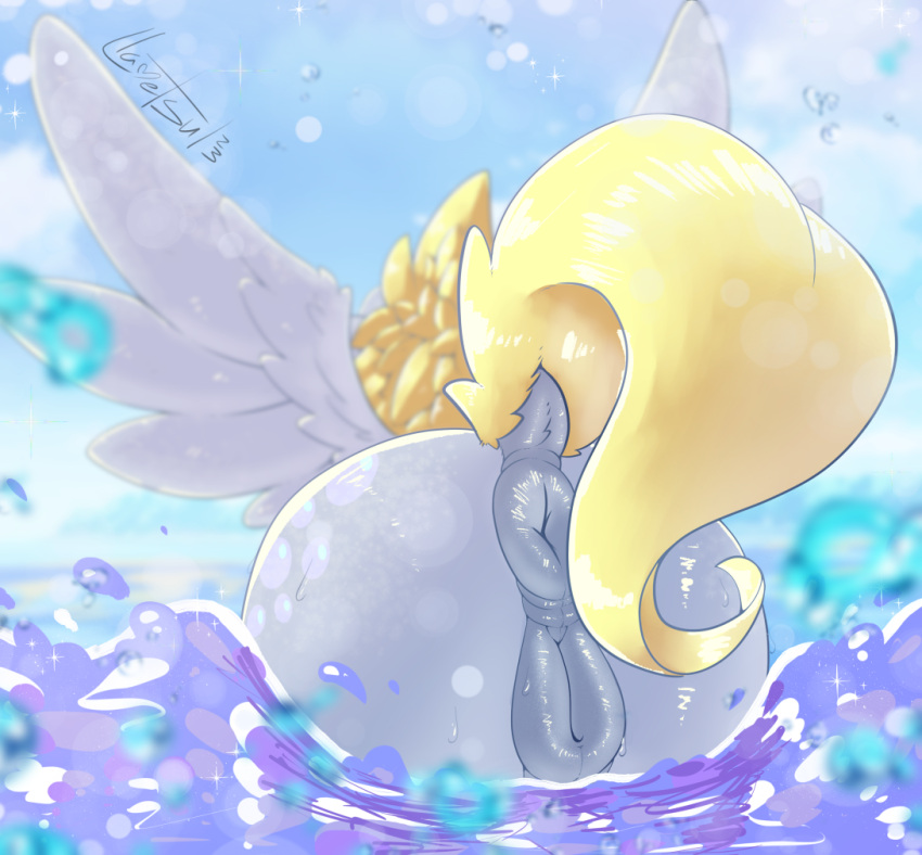 2023 anus butt cutie_mark derpy_hooves_(mlp) digital_media_(artwork) dock equid equine faceless_character faceless_female female feral friendship_is_magic genitals hasbro llametsul mammal my_little_pony pegasus pussy rear_view solo water wet wet_body wings