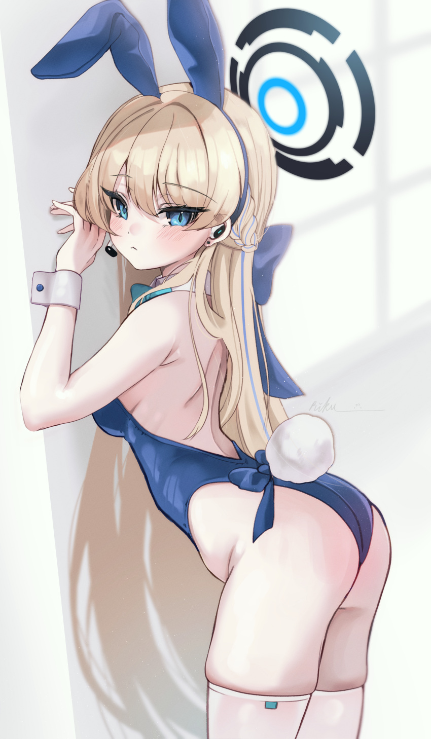absurdres animal_ears aqua_bow aqua_bowtie ass blonde_hair blue_archive blue_eyes blue_leotard blush bow bowtie braid breasts cowboy_shot detached_collar earpiece fake_animal_ears fake_tail french_braid from_side halo highres leaning_forward leehwa leotard long_hair looking_at_viewer medium_breasts multicolored_hair official_alternate_costume playboy_bunny rabbit_ears rabbit_tail sideboob skindentation strapless strapless_leotard streaked_hair swept_bangs tail thighhighs toki_(blue_archive) toki_(bunny)_(blue_archive) tsurime very_long_hair white_thighhighs wrist_cuffs
