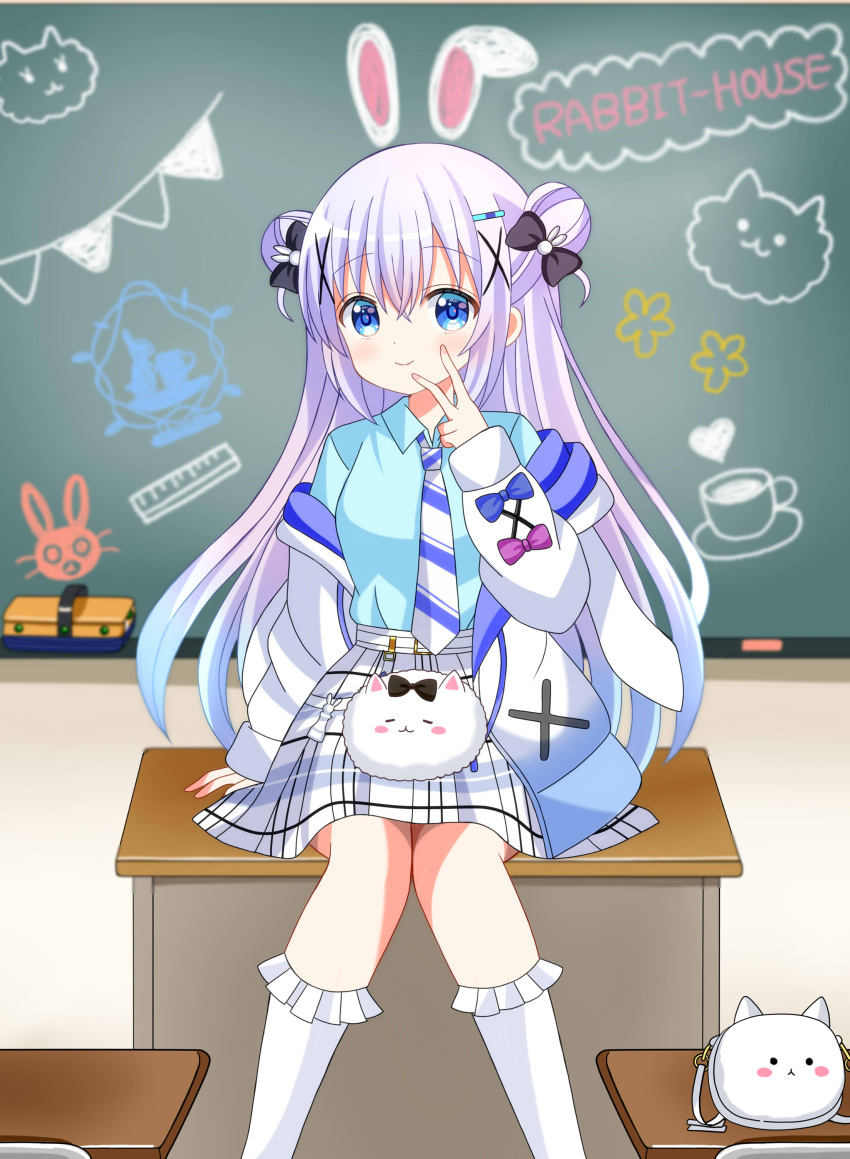 1girl absurdres angora_rabbit animal animal_on_lap black_bow blue_eyes blue_shirt board_eraser bow breasts chalkboard closed_mouth collared_shirt commentary_request desk diagonal-striped_necktie double_bun drawn_ears feet_out_of_frame frilled_socks frills gochuumon_wa_usagi_desu_ka? hair_between_eyes hair_bow hair_bun hair_ornament hairclip hand_up highres hood hood_down hooded_jacket indoors jacket kafuu_chino long_sleeves necktie off_shoulder on_desk on_lap open_clothes open_jacket plaid plaid_skirt puffy_long_sleeves puffy_sleeves purple_hair rabbit rabbit_hair_ornament ryoutan school_desk school_uniform shirt sitting sitting_on_desk skirt sleeves_past_wrists small_breasts smile socks tippy_(gochiusa) white_jacket white_socks x_hair_ornament