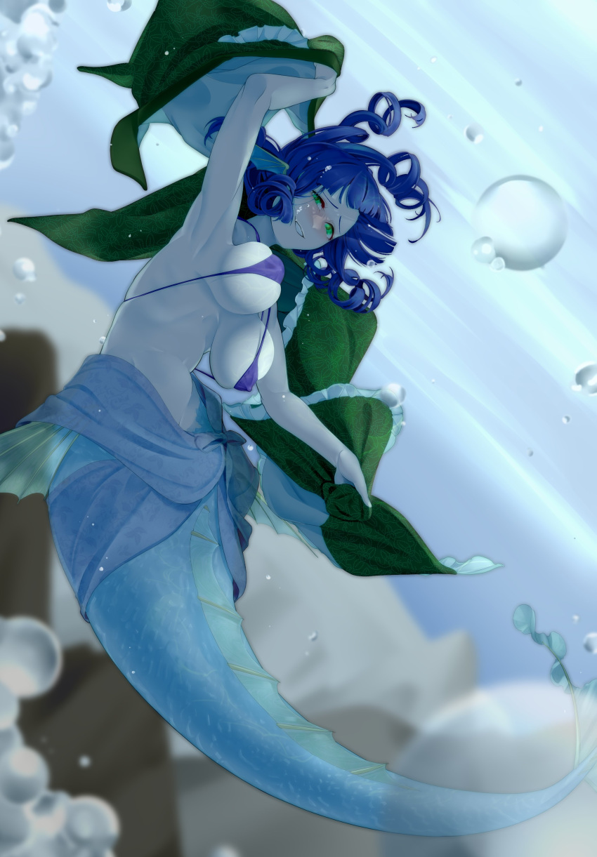 1girl absurdres air_bubble blue_hair bubble clothes_removed green_eyes green_kimono hi_you_(flying_bear) highres in_water japanese_clothes kimono long_hair mermaid monster_girl navel solo touhou underwater wakasagihime