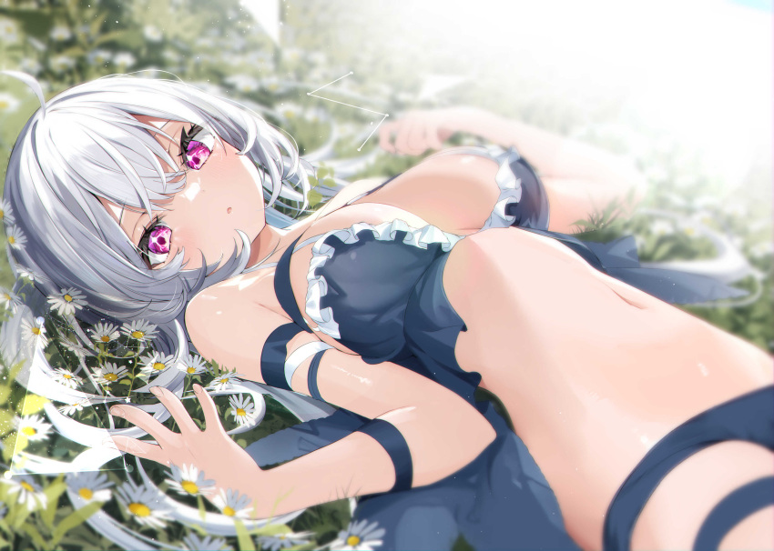1girl absurdres babydoll black_panties blurry blurry_background breasts commentary_request depth_of_field flower frills grey_hair hands_up highres kamioka_shun'ya large_breasts long_hair looking_at_viewer lying navel on_back on_grass original panties parted_lips purple_eyes solo underwear underwear_only very_long_hair white_flower