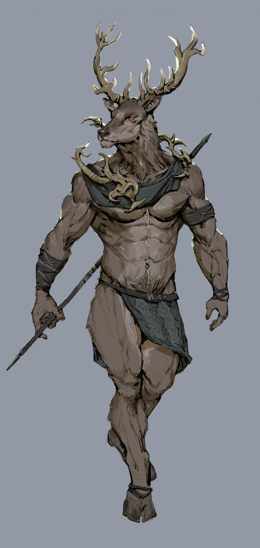 abs absurd_res accessory amber_eyes anthro antlers bethesda_softworks biceps bottomwear clothed clothing daedra daedric_prince deer deity fingers fur grey_background hi_res hircine holding_object holding_spear holding_weapon hooves horn hunter hybrid loincloth looking_away male mammal manly melee_weapon muscular muscular_male nipples pacelic pecs polearm pubes serious simple_background solo spear the_elder_scrolls topless topless_male unguligrade vein veiny_muscles weapon