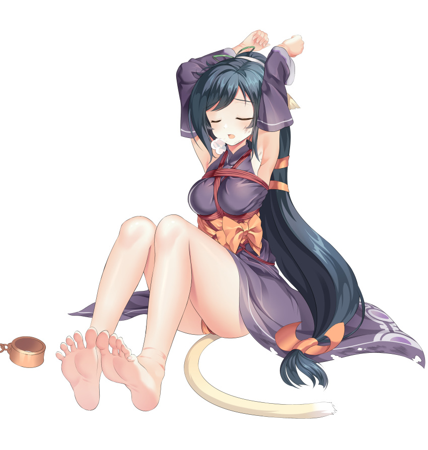 1girl absurdres angry animal_ears armpits arms_up artist_request bare_legs barefoot bdsm black_hair bondage bound breasts bruise cat_tail closed_eyes commission commissioner_upload crotch_rope cuffs detached_sleeves dirty dirty_face feet gag highres injury jewelry kuon_(utawarerumono) long_hair low-tied_long_hair no_shoes panties restrained rope sash shackles shibari shibari_over_clothes sigh sitting soles solo tail thighs toes underwear utawarerumono white_background