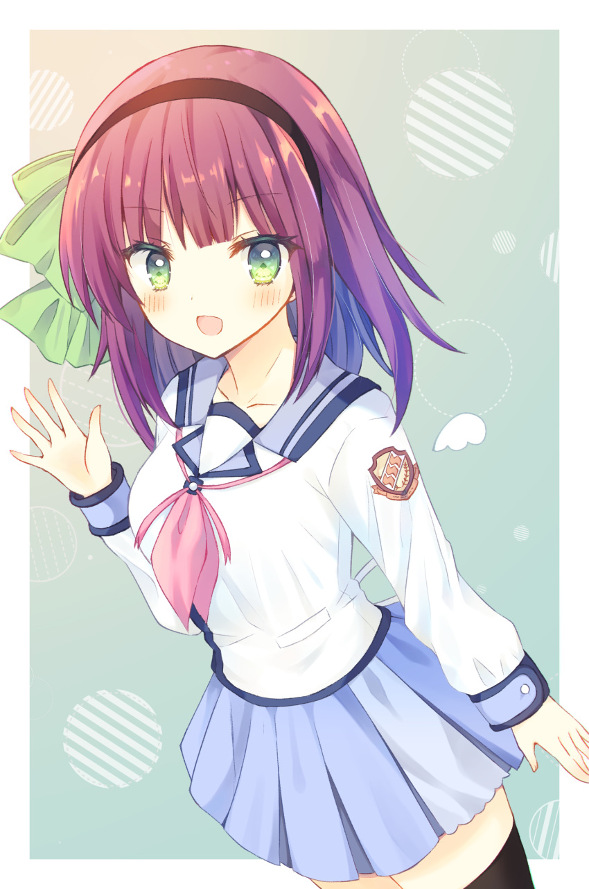 1girl :d absurdres aiyan angel_beats! arm_at_side black_hairband black_thighhighs blue_sailor_collar blue_skirt blunt_bangs blush breasts colored_eyelashes commentary_request cowboy_shot eyelashes eyes_visible_through_hair green_background green_eyes green_ribbon hair_ribbon hairband hand_up highres long_sleeves looking_at_viewer medium_breasts medium_hair miniskirt nakamura_yuri neckerchief open_mouth pink_neckerchief pleated_skirt purple_hair ribbon sailor_collar shinda_sekai_sensen_uniform shirt simple_background skirt smile solo standing straight_hair thighhighs waving white_shirt zettai_ryouiki