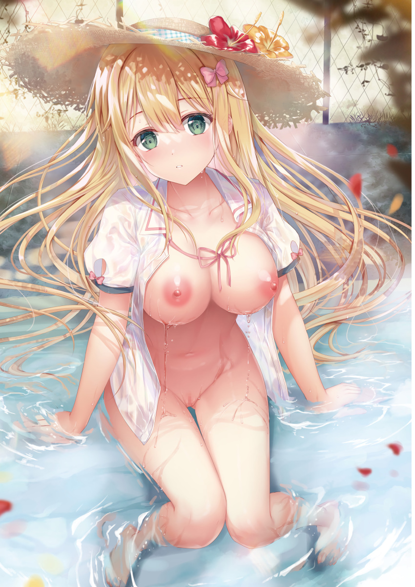 1girl absurdres arm_support barefoot blonde_hair blurry blurry_foreground blush breasts brown_headwear censored closed_mouth collarbone day depth_of_field flower green_eyes hair_between_eyes hat hat_flower highres inagaki_minami long_hair medium_breasts melonbooks mosaic_censoring navel nipples non-web_source nude open_clothes open_mouth open_shirt outdoors partially_submerged petals petals_on_liquid puffy_short_sleeves puffy_sleeves pussy red_flower ripples see-through shallow_water shirt short_sleeves sitting solo sousouman straw_hat twinbox_school very_long_hair water wet wet_clothes wet_shirt white_shirt yellow_flower