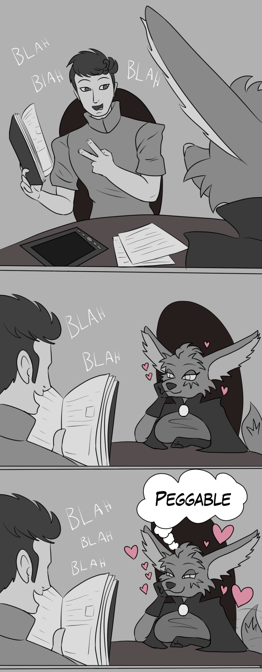 absurd_res alexandryuz alien anthro canid canine dialogue duo english_text female fennec fox greyscale hi_res human male male/female mammal monochrome stellaris text thought_bubble