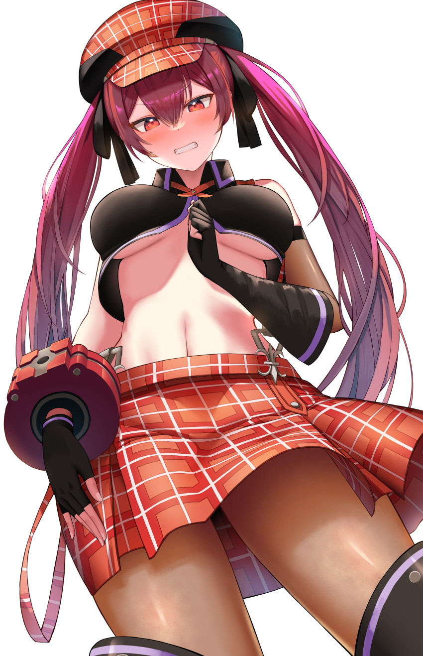 1girl absurdres alisa_ilinichina_amiella alisa_ilinichina_amiella_(cosplay) bare_shoulders black_gloves black_shirt breasts brown_pantyhose clenched_teeth collared_shirt cosplay crop_top crop_top_overhang cuffs embarrassed fingerless_gloves fire_emblem fire_emblem_fates gloves god_eater hair_ribbon hat highres large_breasts long_hair looking_at_viewer midriff miniskirt navel pantyhose peaked_cap pleated_skirt red_eyes red_hair red_headwear red_skirt ribbon selena_(fire_emblem_fates) shirt skirt sleeveless sleeveless_shirt solo stomach teeth twintails underboob very_long_hair yamato_(muchuu_paradigm)