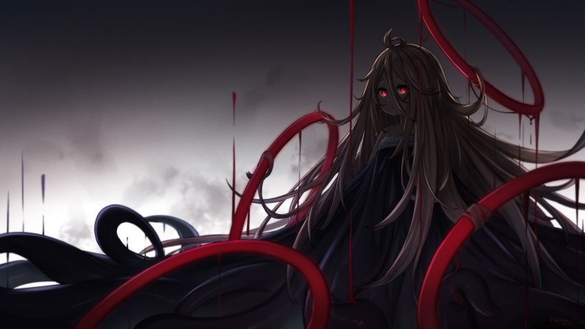 1girl ahoge artist_name commentary_request glowing glowing_eyes grey_background hair_between_eyes highres koebushi_(mat) light_brown_hair long_hair looking_at_viewer monster_girl original prehensile_hair red_eyes solo tentacles very_long_hair