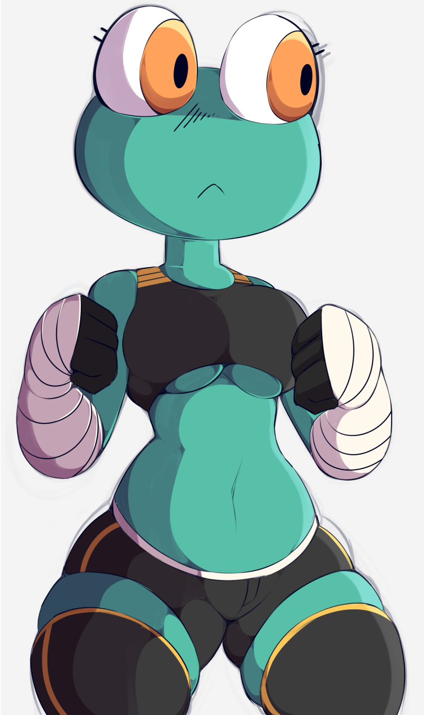 absurd_res amphibian anthro big_breasts breasts clothing female frog greepurl hi_res revealing_breasts simple_background solo tight_clothing under_boob workout_clothing