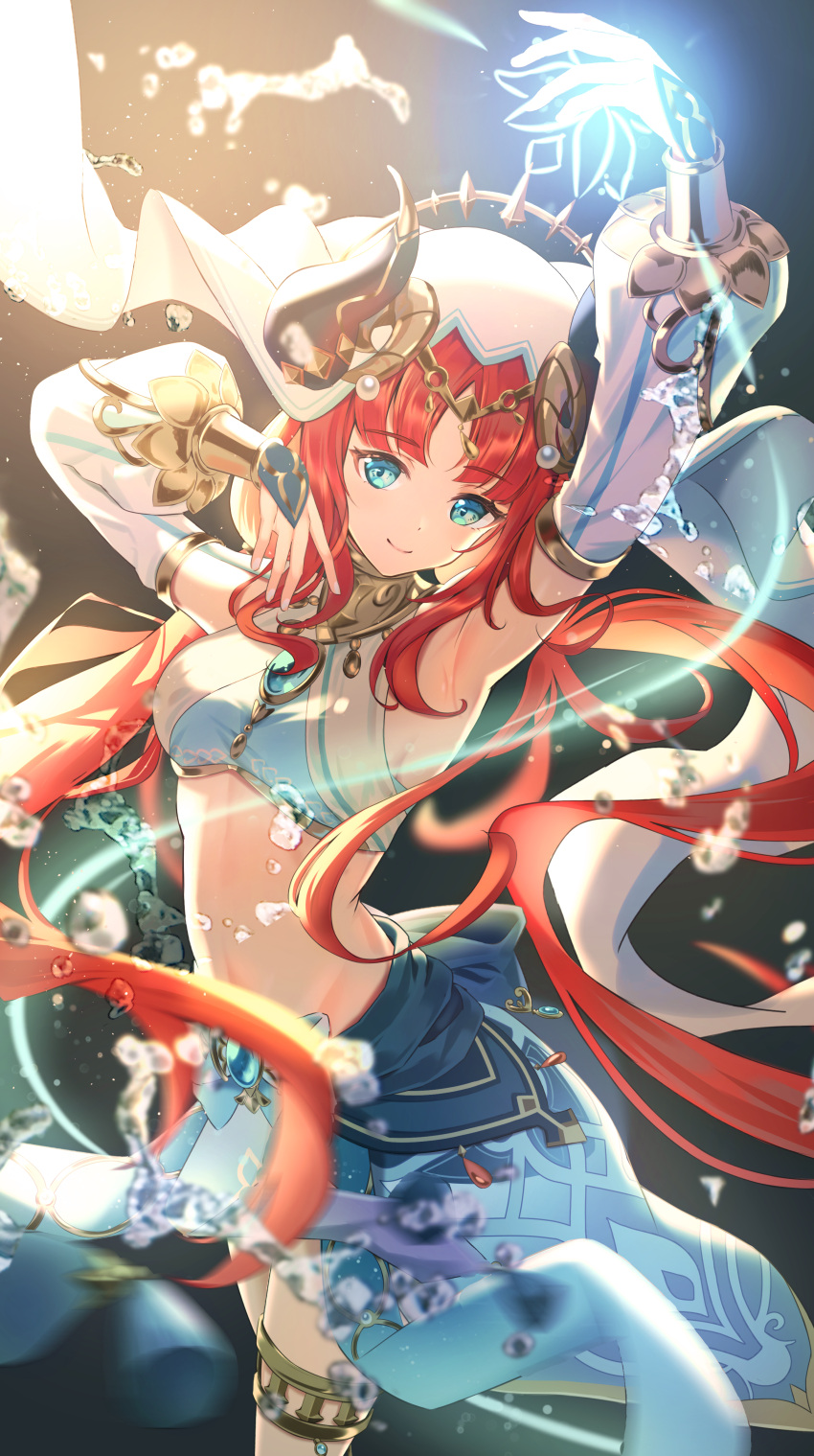 1girl absurdres arm_up armpits blue_eyes breasts bridal_gauntlets closed_mouth dancer detached_sleeves fake_horns genshin_impact highres horns komiya_latte long_hair looking_at_viewer nilou_(genshin_impact) red_hair revision small_breasts smile solo standing twintails very_long_hair