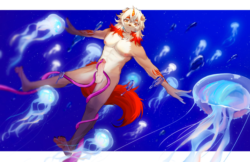 2023 absurd_res anthro arknights arm_tattoo canid canine canis cnidarian diving domestic_dog freegutchang69 fur hair hi_res horn hung_(arknights) hypergryph jellyfish long_hair male mammal marine medusozoan nude orange_hair orange_horn orange_tail smile solo studio_montagne tail tan_body tan_fur tattoo tentacles white_body white_fur white_hair yellow_eyes