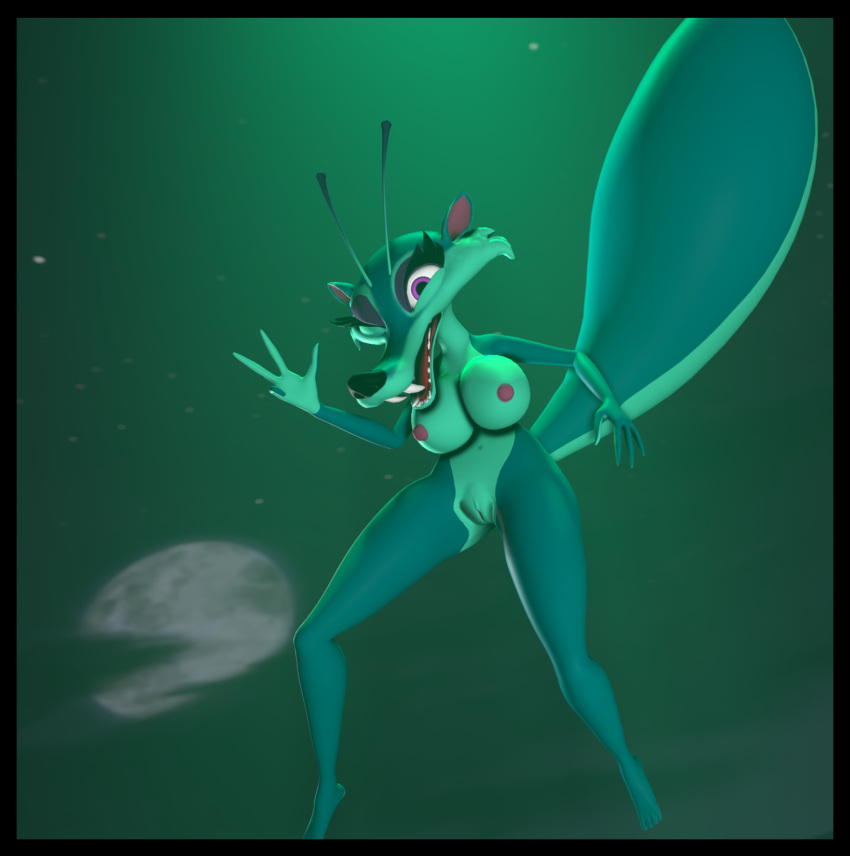 4_fingers abduction alien antennae_(anatomy) anthro big_breasts big_tail blue_sky_studios breasts cheek_tuft eyeshadow facial_tuft feet female fingers floating fur genitals green_body green_fur hi_res ice_age_(series) makeup mammal night nipples null_sfm purple_eyes purple_eyeshadow pussy rodent sciurid scratazon scratazon_leader solo tail tree_squirrel tuft