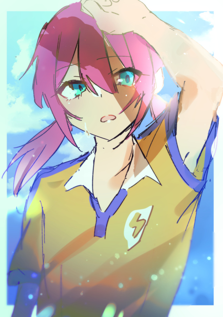 1boy absurdres arm_up blue_eyes collared_shirt hair_between_eyes highres inazuma_eleven_(series) inazuma_eleven_go kirino_ranmaru low_twintails male_focus misuka_sumin open_mouth pink_hair shirt short_sleeves sketch solo twintails upper_body yellow_shirt