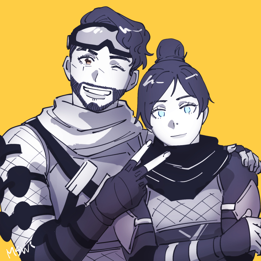 1boy 1girl animification apex_legends blue_eyes bodysuit brown_eyes eyebrow_cut fingerless_gloves gloves goggles goggles_on_head hair_bun hand_on_another's_shoulder head_tilt highres looking_at_viewer marssandwich mirage_(apex_legends) nose_piercing one_eye_closed parted_bangs piercing scar scar_across_eye scarf single_hair_bun smile v wraith_(apex_legends) yellow_background