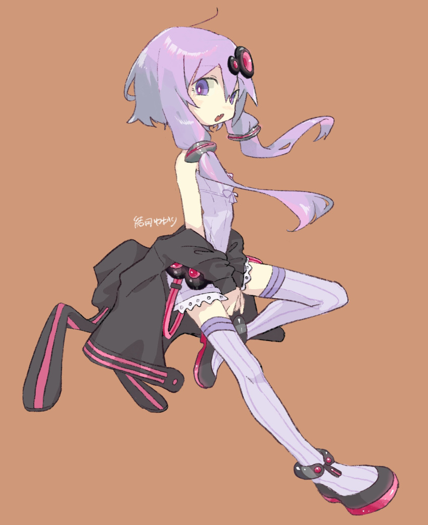 absurdres animal_hood anklet bare_shoulders between_legs black_jacket bright_pupils brown_background character_naem commentary dress empire_waist fang flats floating_hair foot_up from_side full_body hair_ornament hand_between_legs highres hood jacket jacket_partially_removed jewelry kokage_uyuri light_purple_hair looking_at_viewer looking_to_the_side off-shoulder_dress off_shoulder open_mouth outstretched_leg purple_dress purple_eyes purple_thighhighs rabbit_hood ribbed_dress ribbed_thighhighs short_dress short_hair_with_long_locks simple_background skin_fang thighhighs vocaloid voiceroid white_pupils yuzuki_yukari