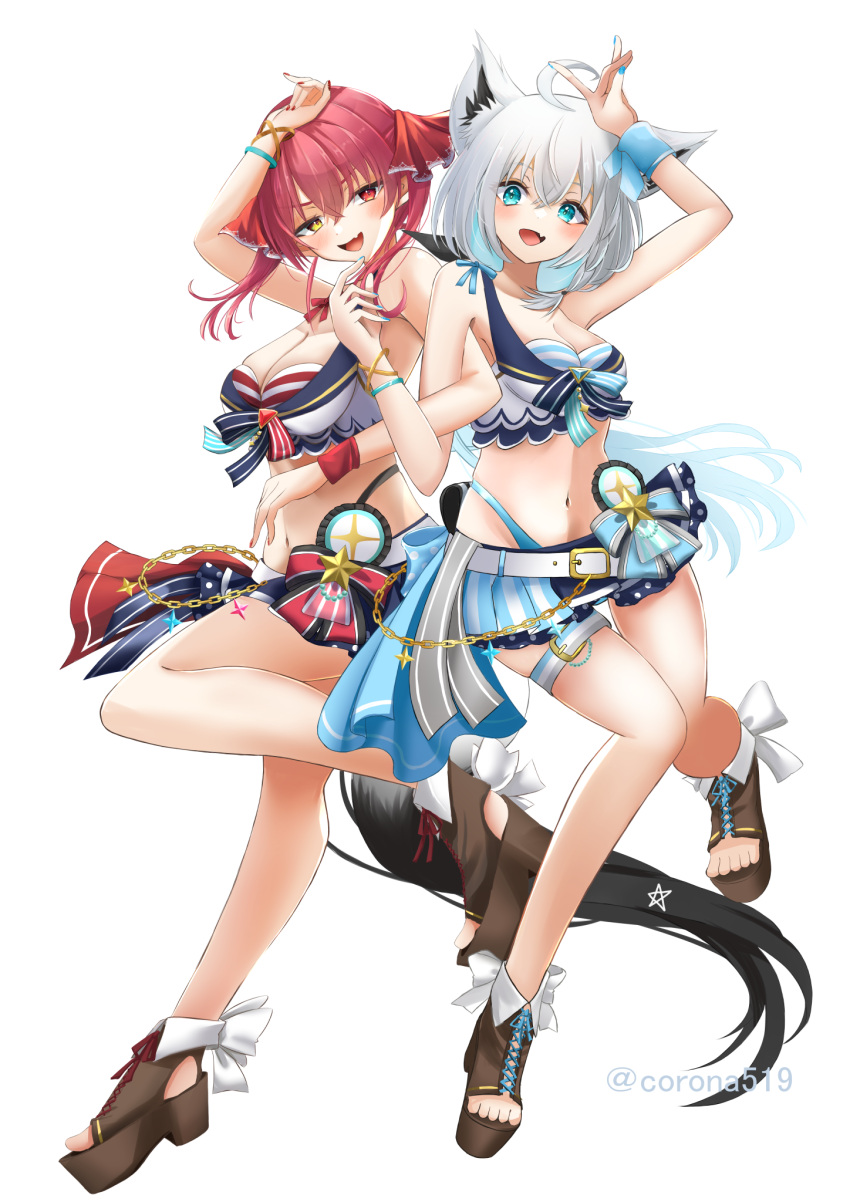 2girls ahoge animal_ear_fluff animal_ears arm_up armlet black_bow blue_nails blush bow braid breasts cleavage commentary_request fang fox_ears fox_girl fox_tail green_eyes hair_between_eyes hair_bow heterochromia highres hololive hololive_summer_2023_swimsuit houshou_marine locked_arms long_hair looking_at_viewer medium_breasts mikazuki_cocolo multiple_girls navel open_mouth red_bow red_eyes red_hair red_nails shirakami_fubuki sidelocks simple_background single_braid skin_fang sky smile tail twintails virtual_youtuber white_background white_hair yellow_eyes