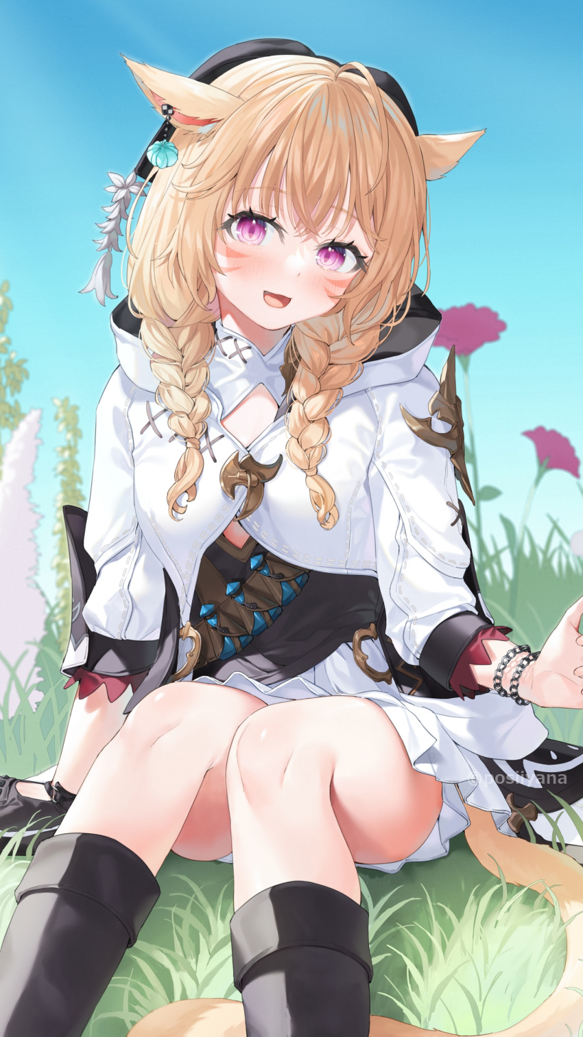 1girl absurdres ahoge animal_ears black_footwear black_gloves black_headwear blonde_hair boots braid cat_ears cat_tail earrings final_fantasy final_fantasy_xiv flower gloves hat highres hood hoodie jewelry knee_boots long_sleeves looking_at_viewer medium_hair miqo'te outdoors purple_eyes single_earring single_glove sitting smile solo tail twin_braids twitter_username warrior_of_light_(ff14) white_hoodie yana_mori