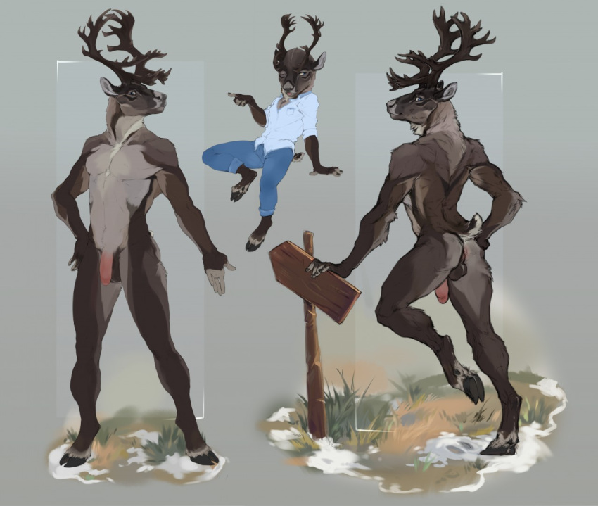 anthro athletic athletic_anthro athletic_male balls bottomwear capreoline chibi clothed clothing deer digital_media_(artwork) fingers fur genitals grass hooves humanoid_genitalia looking_at_viewer male mammal model_sheet nude pants penis plant presenting reindeer simple_background snow solo standing tgt1512 topwear