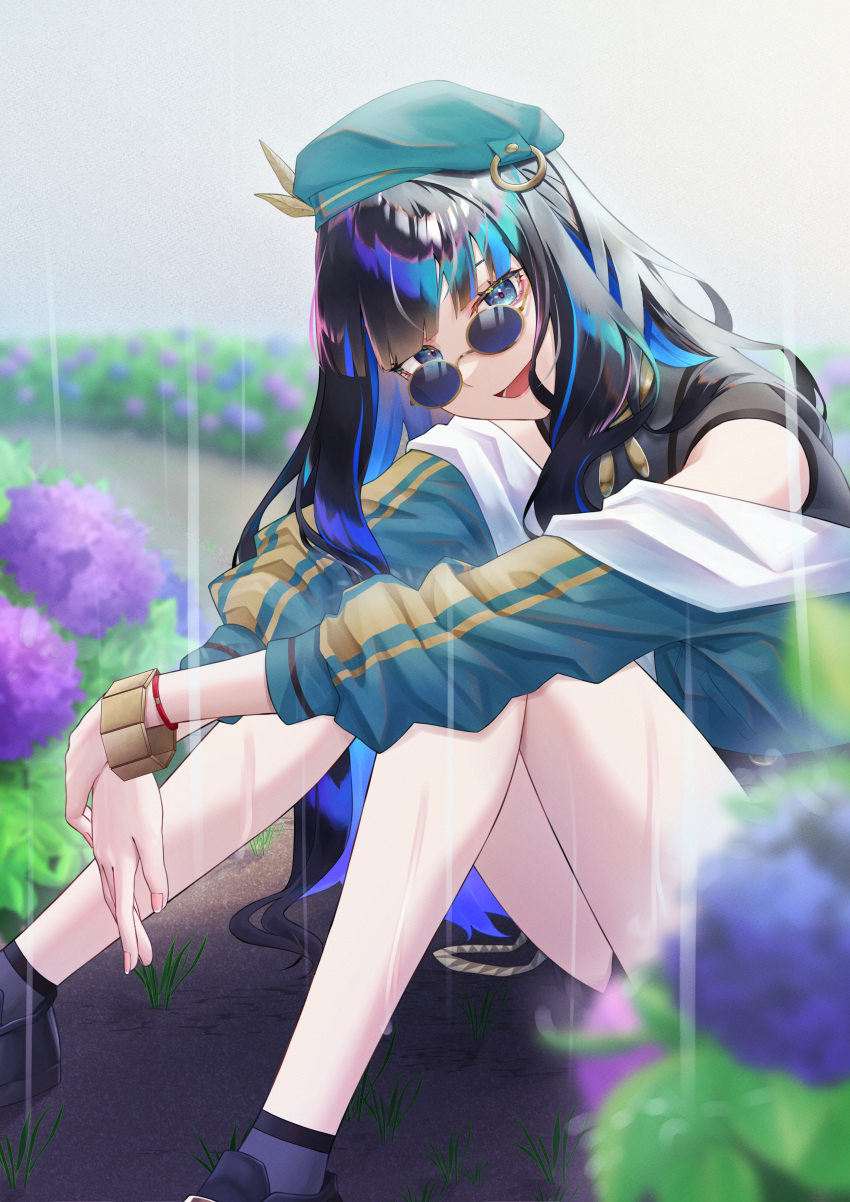 1girl aboreen absurdres black_hair blue_hair bracelet fate/grand_order fate_(series) green_headwear highres jewelry looking_at_viewer looking_over_eyewear multicolored_hair rain sitting solo sunglasses tenochtitlan_(fate)