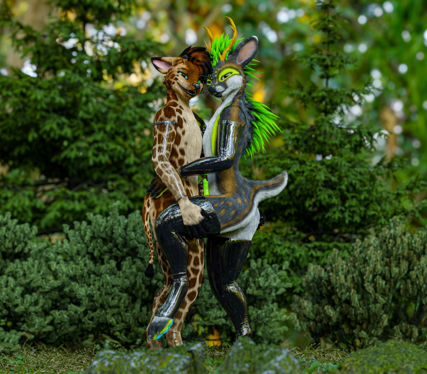 3d_(artwork) absurd_res anthro antlers butt clothed clothing deer digital_media_(artwork) duo embrace erection feathers fur genitals green_body green_eyes green_feathers hand_on_shoulder hi_res horn hug hyena kiwidox knot latex_clothing looking_at_viewer male male/male mammal multicolored_body multicolored_fur nature nature_background nub_tail outside partially_clothed pawpads paws penis rexouium standing translucent translucent_armwear translucent_clothing yellow_eyes