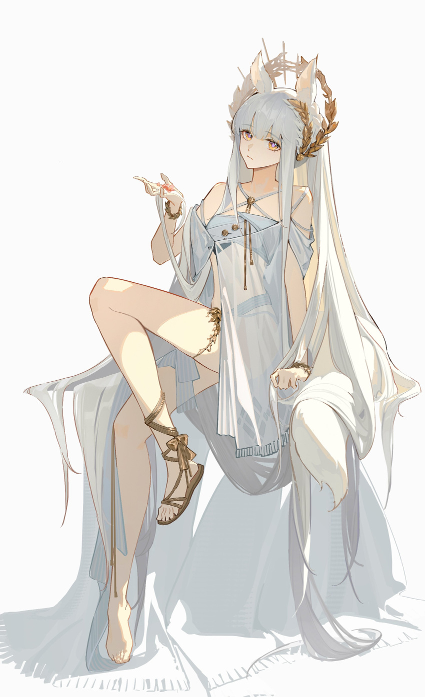 1girl absurdres animal_ears arknights arm_support barefoot bikini bracelet commentary criss-cross_halter cross-laced_sandals halterneck highres horse_ears horse_girl horse_tail jewelry knee_up laurel_crown leaning_back long_hair looking_at_viewer official_alternate_costume platinum_(arknights) platinum_(shimmering_dew)_(arknights) sand shoes simple_background single_shoe solo swimsuit swimsuit_cover-up tail thigh_strap very_long_hair white_background white_bikini white_hair yellow_eyes yuyumu