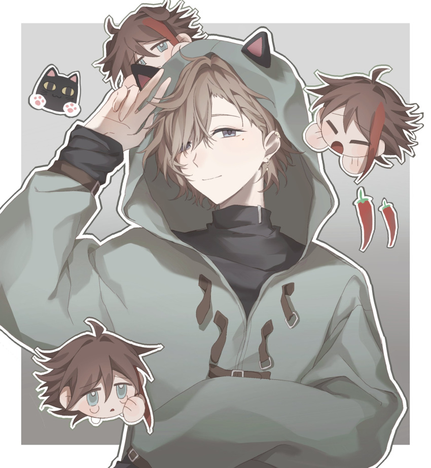 2boys ahoge animal_ears asymmetrical_hair belt belt_buckle black_cat black_shirt blue_eyes blue_jacket blush_stickers border brown_belt brown_hair buckle cat cat_ears chibi chibi_inset chili_pepper closed_eyes closed_mouth collared_shirt crying crying_with_eyes_open ear_piercing eyelashes fake_animal_ears frown gradient_background grey_background hair_over_one_eye hand_on_own_cheek hand_on_own_face hand_on_own_head hands_on_own_chin highres hood hood_up hooded_jacket jacket kanae_(nijisanji) komatsu2536 layered_sleeves light_brown_hair long_sleeves looking_at_viewer mole mole_under_eye multicolored_hair multiple_boys nijisanji paw_pose piercing puffy_long_sleeves puffy_sleeves red_hair saegusa_akina shirt short_hair smile spiked_hair streaked_hair streaming_tears tears triangle_mouth upper_body white_border