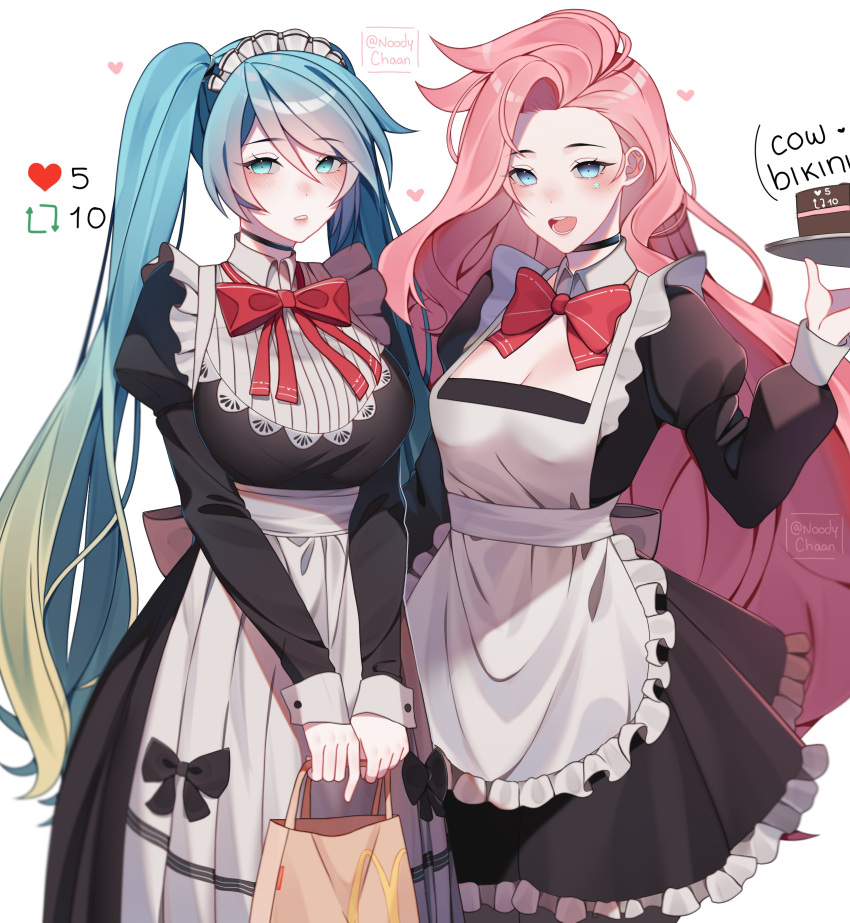 2girls :d absurdres alternate_costume apron bag black_choker black_dress blonde_hair blue_hair blush bow bowtie breasts cake choker cleavage dress english_text enmaided food frilled_apron frilled_dress frills green_eyes highres holding holding_bag holding_plate large_breasts league_of_legends long_hair maid maid_apron maid_headdress mcdonald's meme multiple_girls noodychaan open_mouth pink_hair plate red_bow red_bowtie seraphine_(league_of_legends) smile sona_(league_of_legends) teeth twintails twitter_strip_game_(meme) waist_apron