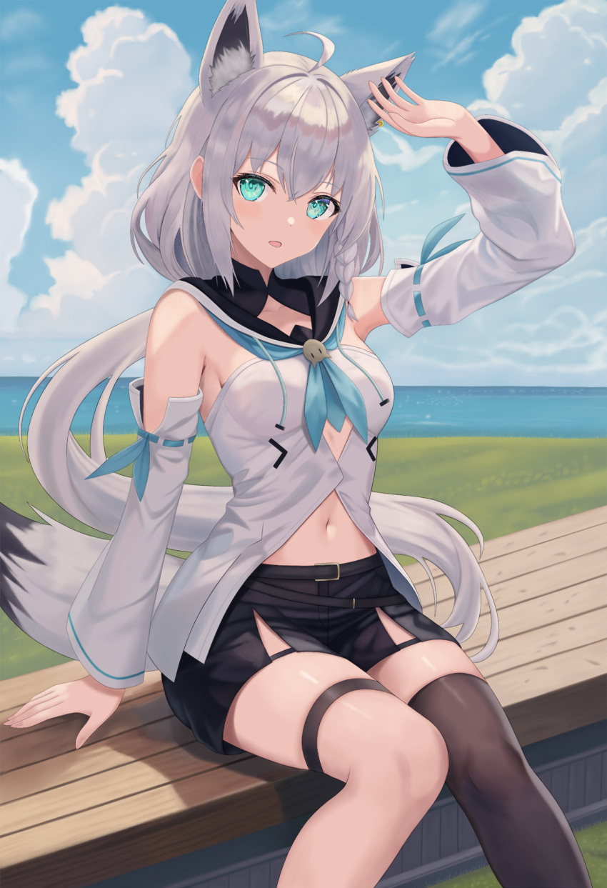 1girl ahoge animal_ear_fluff animal_ears arabiki50 arm_up black_shorts black_thighhighs blue_neckerchief blush braid cloud cloudy_sky commentary_request detached_sleeves earrings extra_ears fox_ears fox_girl fox_tail green_eyes hair_between_eyes highres hololive hood hoodie jewelry long_hair looking_at_viewer midriff navel neckerchief open_mouth outdoors shirakami_fubuki shirakami_fubuki_(1st_costume) short_shorts shorts sidelocks single_braid single_thighhigh sitting sky solo tail thigh_strap thighhighs virtual_youtuber white_hair white_hoodie