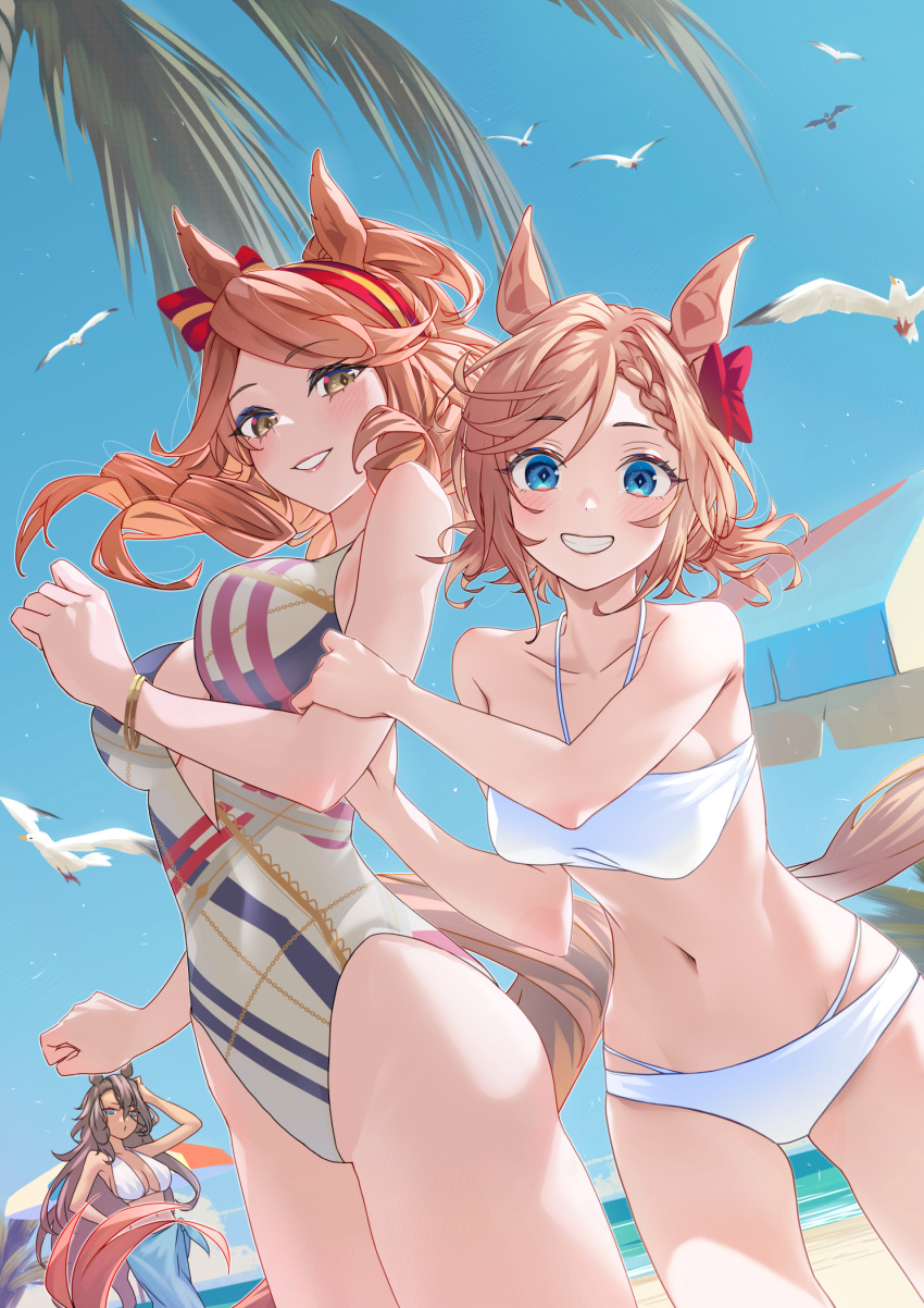 3girls alternate_costume animal_ears arm_up bare_shoulders beach bikini bird blue_eyes blue_sky blush bracelet braid breasts brown_eyes brown_hair commentary_request cowboy_shot dark-skinned_female dark_skin ear_bow ear_ornament grin highleg highleg_swimsuit highres horse_ears horse_girl horse_tail jewelry lipstick long_hair looking_at_viewer makeup medium_breasts montjeu_(umamusume) multiple_girls nabe_puyo navel ocean one-piece_swimsuit red_lips rigantona_(umamusume) sand seagull sky smile swimsuit tail umamusume umbrella venus_park_(umamusume) water white_bikini yellow_eyes