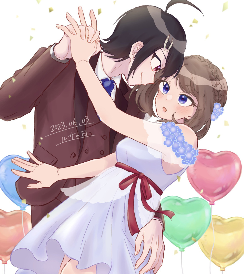 1boy 1girl :o ahoge balloon black_hair blue_eyes blue_necktie braid brendan_(pokemon) brown_hair buttons closed_mouth collared_shirt commentary_request confetti dated dress eyelashes flower highres holding_hands jacket may_(pokemon) necktie pants pokemon pokemon_adventures red_eyes red_jacket red_pants red_vest shirt short_hair sleeveless sleeveless_dress smile tsukimi_(tkm_516) vest white_dress white_shirt