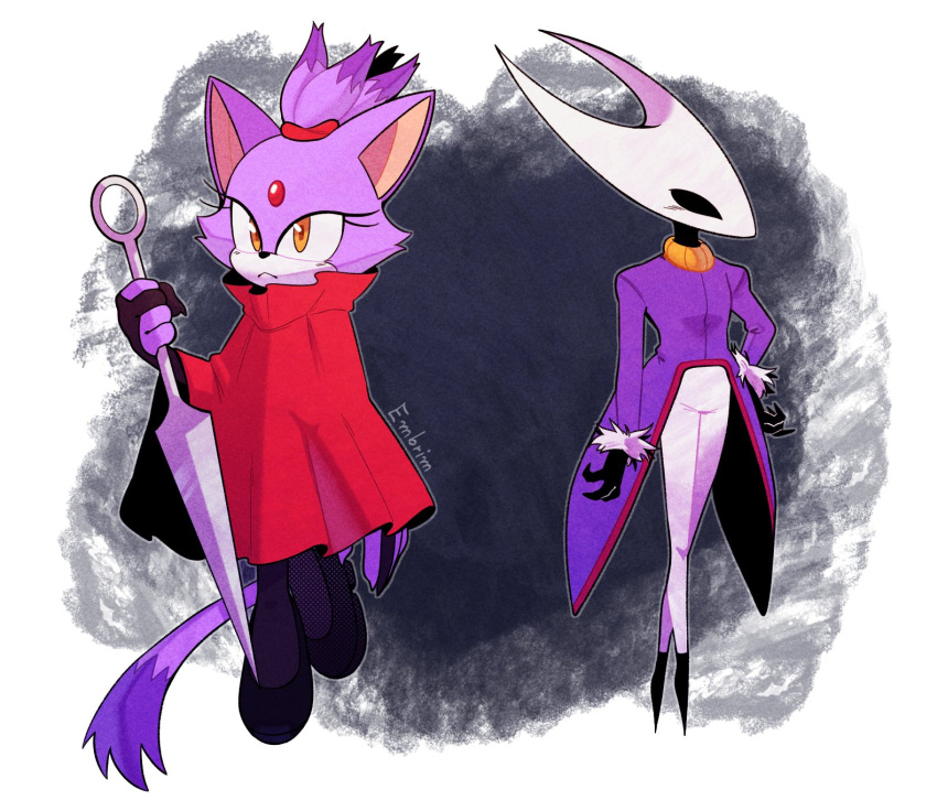 2girls animal_ears black_eyes blaze_the_cat blaze_the_cat_(cosplay) blush cat_ears cat_girl cat_tail cloak cosplay embrim1 eyelashes forehead_jewel gold_necklace hand_on_own_hip high_collar highres holding holding_weapon hollow_knight hornet_(hollow_knight) hornet_(hollow_knight)_(cosplay) jacket jewelry looking_to_the_side multiple_girls necklace needle_(hollow_knight) pants purple_fur purple_jacket red_cloak sonic_(series) tail topknot weapon white_pants yellow_eyes