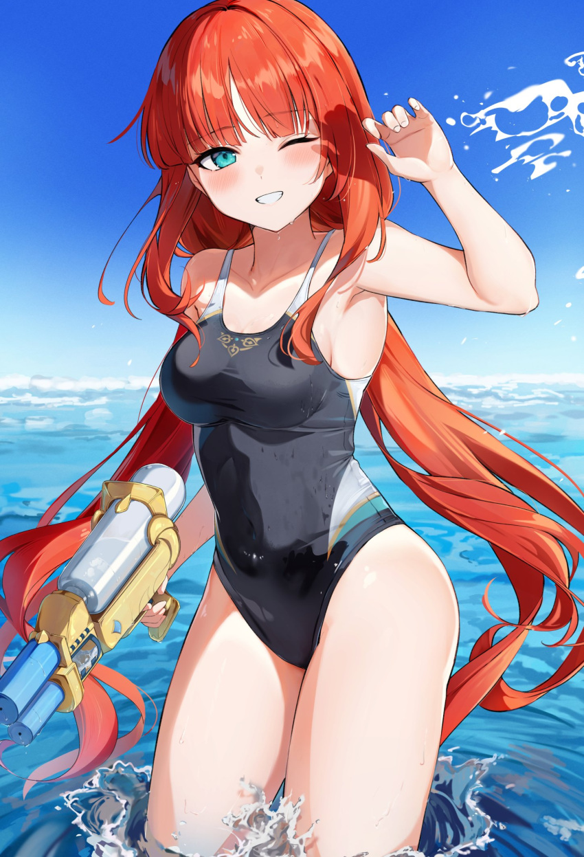 1girl aqua_eyes auui bare_arms bare_shoulders black_one-piece_swimsuit blue_sky blunt_bangs blush breasts collarbone commentary contrapposto covered_navel day eyelashes genshin_impact grin hand_up highres holding holding_water_gun impossible_clothes impossible_swimsuit long_hair medium_breasts nilou_(genshin_impact) ocean one-piece_swimsuit one_eye_closed red_hair sky smile solo standing swimsuit very_long_hair wading water water_gun
