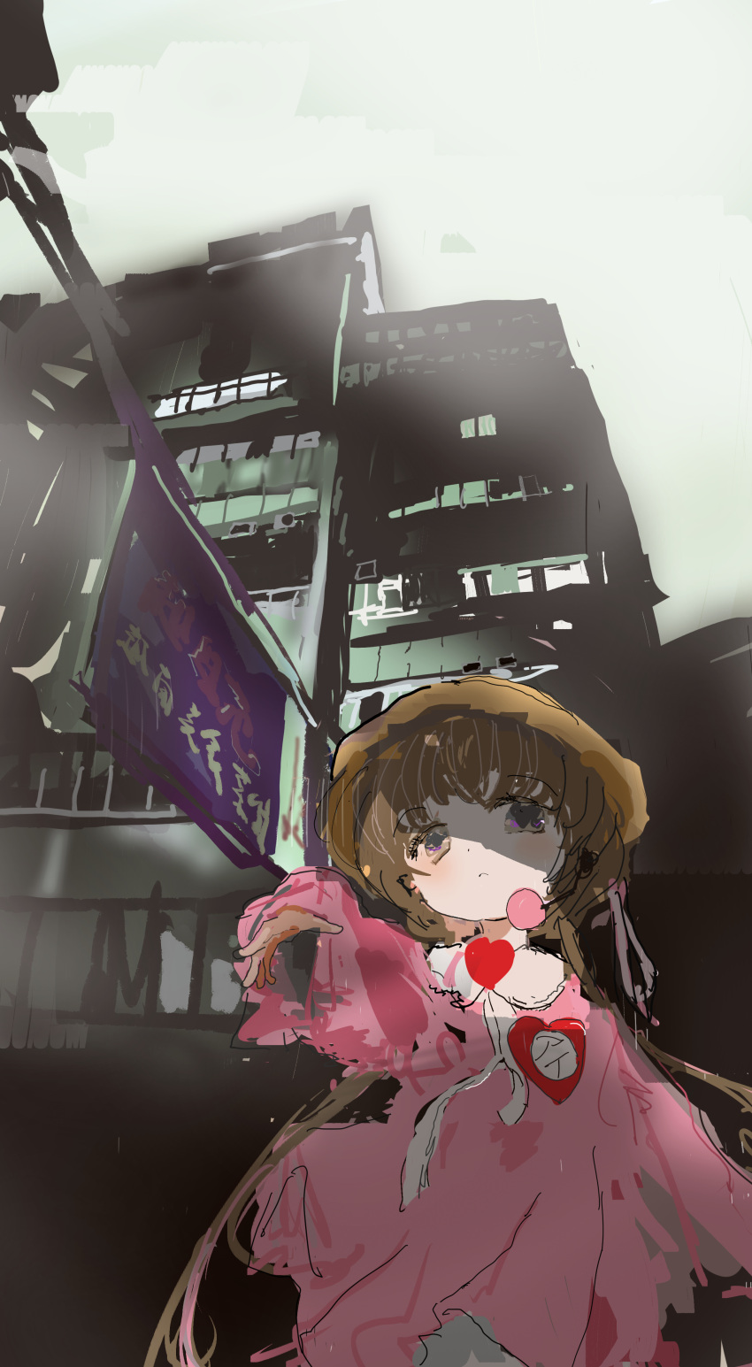 1girl :&lt; absurdres billboard blush brooch brown_hair building character_name closed_mouth collared_dress commentary_request cowboy_shot dress fog from_below grey_eyes hat headset heart heart_brooch heart_in_eye highres jewelry kabuyama_kaigi long_sleeves looking_at_viewer looking_down multicolored_eyes name_tag neck_ribbon outstretched_hand pink_dress puffy_long_sleeves puffy_sleeves purple_eyes ribbon school_hat shade solo symbol_in_eye tsukuyomi_ai urban voiceroid white_ribbon