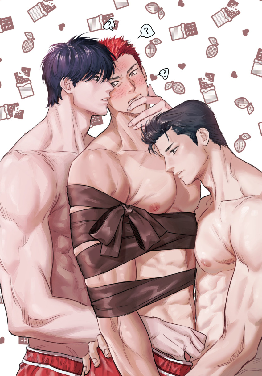 3boys ? abs bara black_hair blush groping hand_under_clothes highres large_pectorals letsnongnol looking_at_another male_focus miyagi_ryouta multiple_boys muscular muscular_male navel nipples pectorals red_hair red_shorts rukawa_kaede sakuragi_hanamichi short_hair shorts slam_dunk_(series) topless_male yaoi