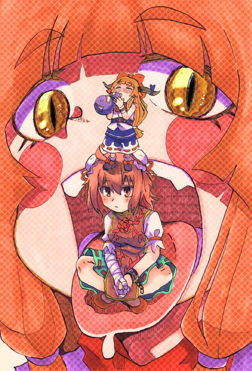 3girls :/ bandaged_arm bandages belt black_footwear blouse blunt_bangs blush blush_stickers bow bowtie bun_cover clone closed_eyes closed_mouth cuffs double_bun drinking flower footwear_bow giant giantess gourd green_skirt hair_between_eyes hair_bow hair_bun highres holding_gourd horn_bow horn_ornament horns ibaraki_kasen ibuki_suika indian_style inuyama_konan long_hair low-tied_long_hair medium_hair mini_person minigirl multiple_girls nose_blush on_head oni open_mouth orange_hair own_hands_together person_on_head purple_bow purple_skirt red_bow red_bowtie red_eyes red_flower red_footwear red_hair red_rose red_tabard ribbon-trimmed_skirt ribbon_trim rose shackles shirt shoes short_sleeves sidelocks sitting sitting_on_person skirt sleeveless sleeveless_shirt standing_on_another's_head tabard tongue tongue_out touhou white_shirt yellow_eyes