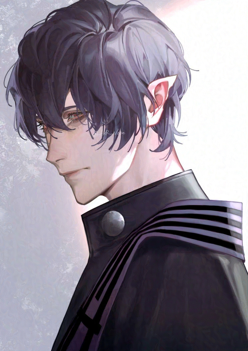 1boy akr_noze beelzebub_(shuumatsu) black_eyes black_hair hair_over_one_eye highres looking_at_viewer looking_to_the_side male_focus pointy_ears priest short_hair shuumatsu_no_valkyrie twitter_username