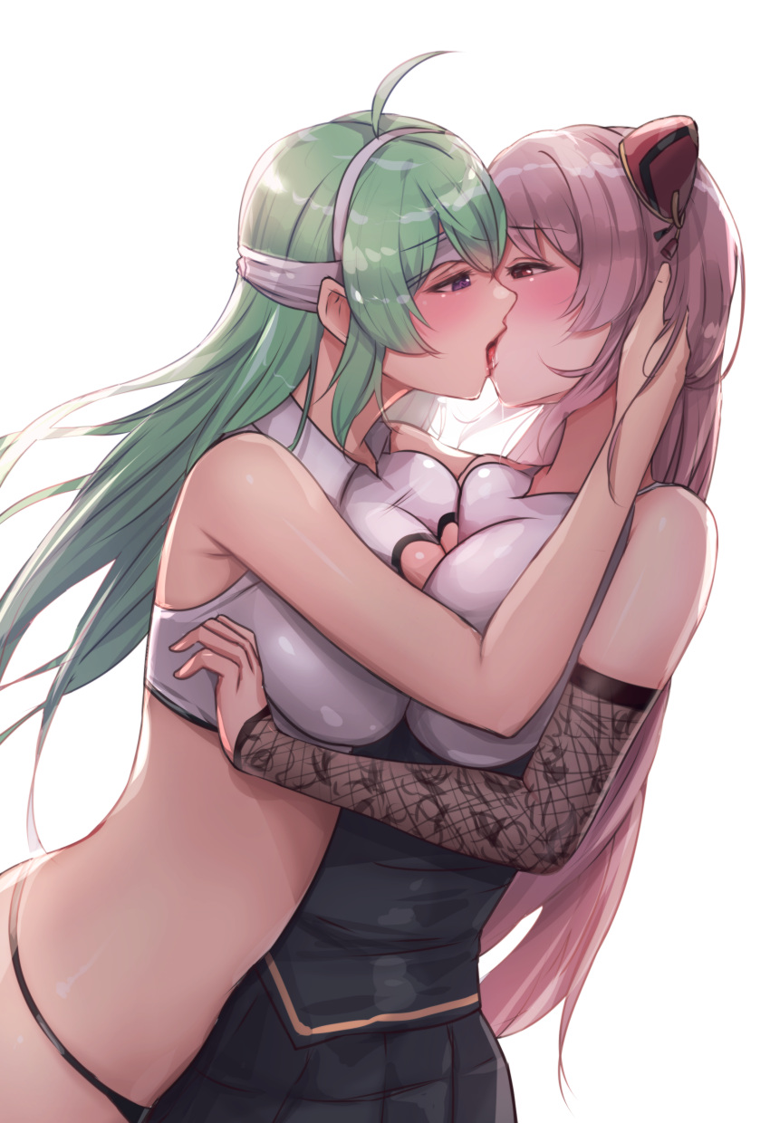 2girls absurdres asymmetrical_docking bandaged_head bandages bare_shoulders black_panties blush breast_press breasts character_request cheonju collared_shirt commission copyright_request crop_top detached_sleeves eye_contact french_kiss green_hair grey_hair hair_ornament hand_on_another's_head highres kiss large_breasts looking_at_another multiple_girls no_pants panties pleated_skirt saliva saliva_drip shirt simple_background skirt underwear white_background yuri