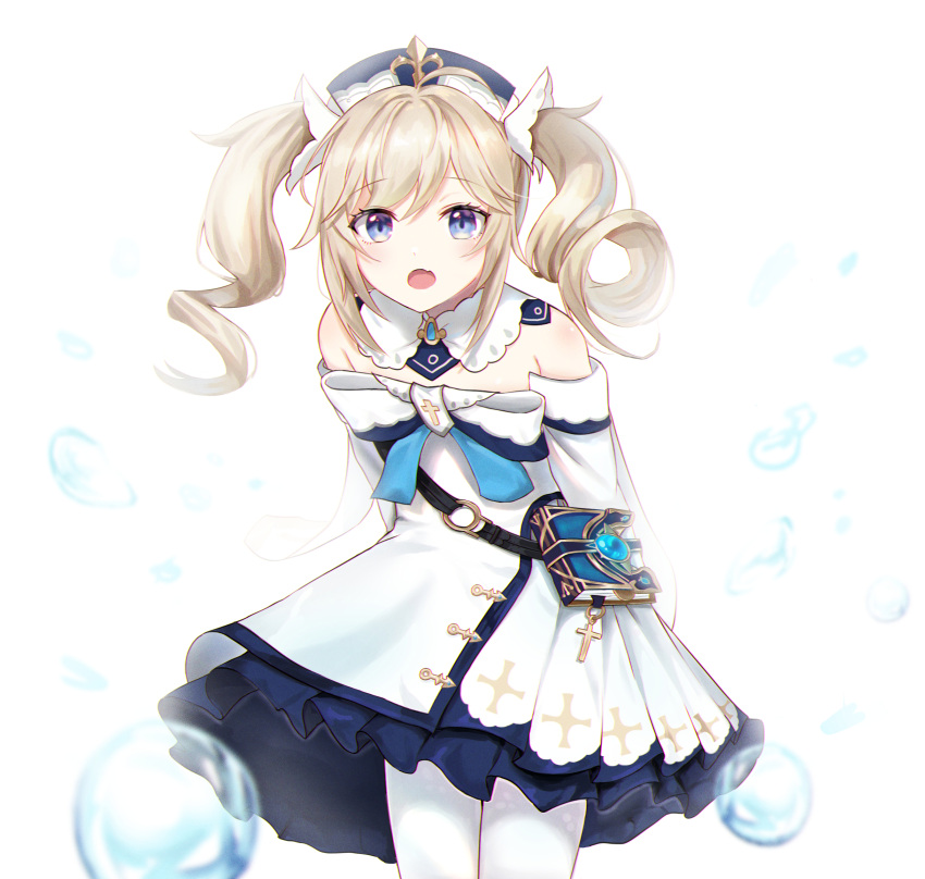 1girl :o arms_behind_back barbara_(genshin_impact) blonde_hair blue_eyes blue_headwear book bow bowtie bubble cross detached_sleeves dress drill_hair flat_chest genshin_impact highres latin_cross layered_dress leaning_forward looking_at_viewer medium_hair open_mouth pantyhose simple_background solo twin_drills vision_(genshin_impact) white_background white_bow white_bowtie white_dress white_pantyhose zapik