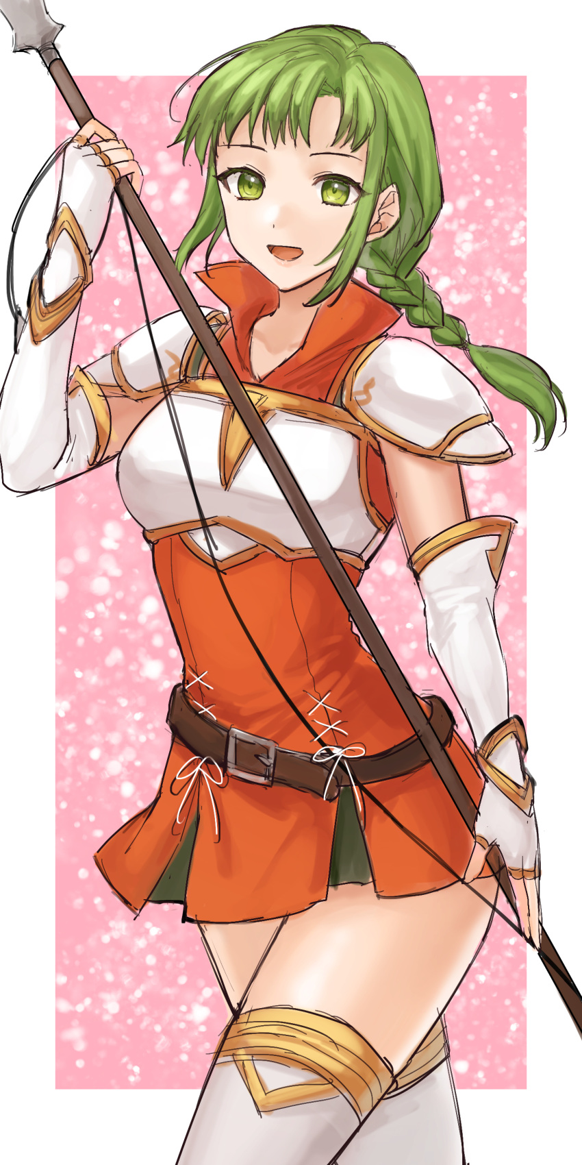 1girl :d absurdres armor belt braid breastplate brown_belt cowboy_shot dress elbow_gloves fingerless_gloves fire_emblem fire_emblem:_the_sacred_stones gloves green_eyes green_hair hazuki_(nyorosuke) highres holding holding_polearm holding_weapon looking_at_viewer open_mouth orange_dress polearm shoulder_armor sleeveless sleeveless_dress smile thighhighs vanessa_(fire_emblem) weapon white_gloves