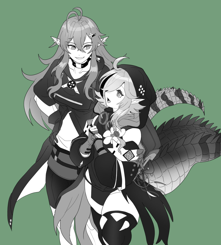 2girls ahoge antenna_hair arknights bare_shoulders belt choker collarbone crocodilian_tail dress eye_contact flower gavial_(arknights) gloves goggles goggles_around_neck green_background greyscale_with_colored_background hair_ornament hair_over_one_eye hairclip hand_on_own_hip height_difference highres hood hood_up kitayuki_kajika long_hair long_sleeves looking_at_another multiple_girls open_mouth parted_lips partially_fingerless_gloves pointy_ears scales short_dress short_sleeves simple_background skirt tail thighhighs tomimi_(arknights) torn_clothes torn_thighhighs